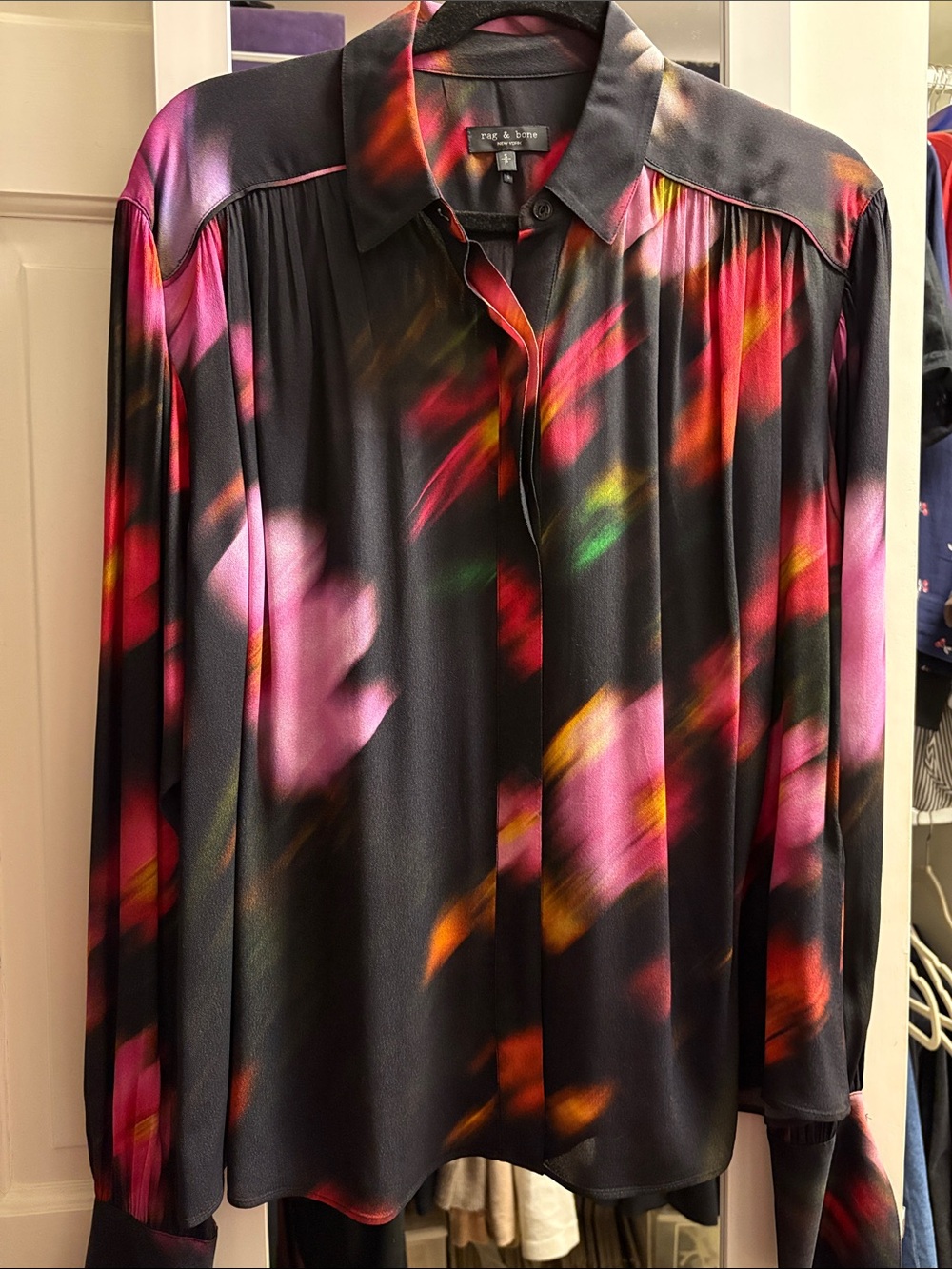 rag & bone Black Silk Button-Front Blouse with Multicolor Floral Streaks